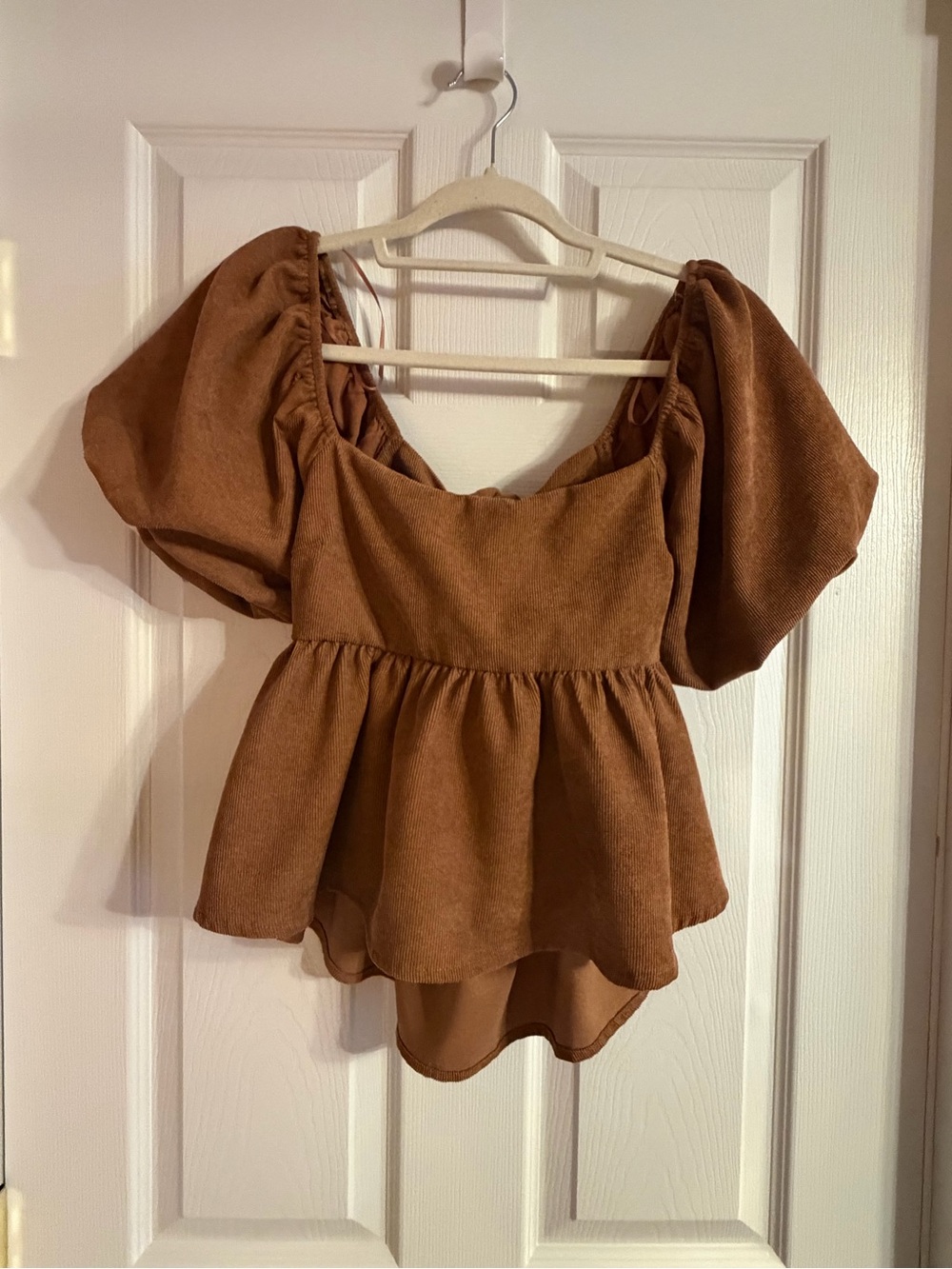 Audrey Parks Francesca's Top Women Medium Corduroy Puff Sleeve Open Back Brown M